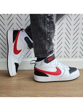 ⭐Nike Court Borough Mid 2 5.5Y Big Kid Shoes White Red School Sneaker CD7782-110